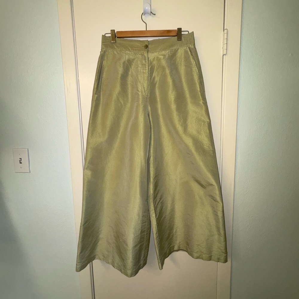 Vintage Ron Leal Lime Green Silk Taffeta Wide Leg Flare Pants